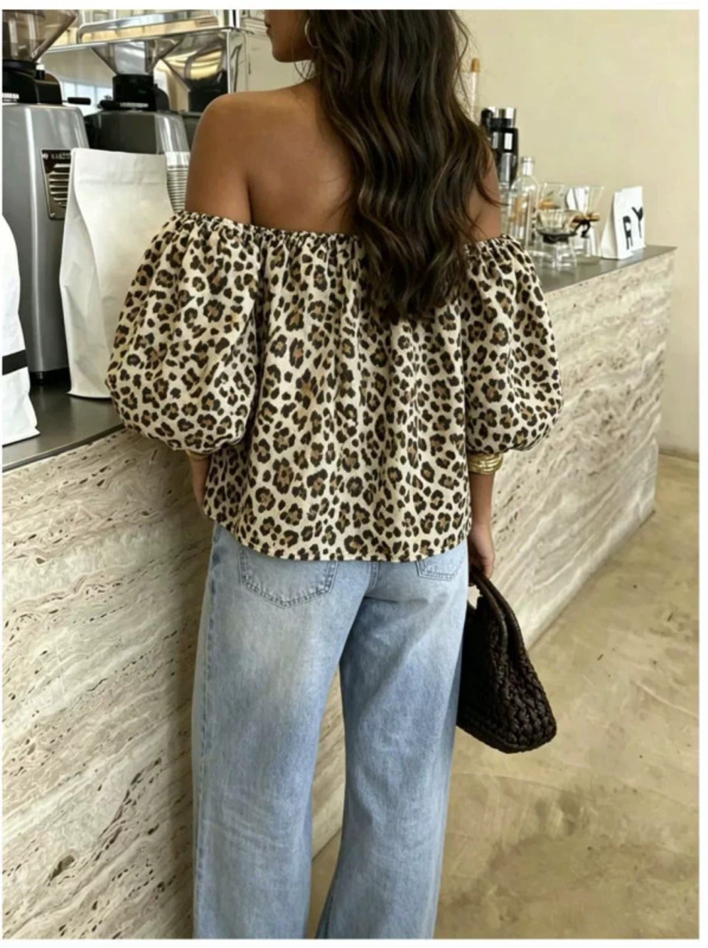 ZARA Leopard Print Off Shoulder Puff Sleeve Shirt Sexy Office Top